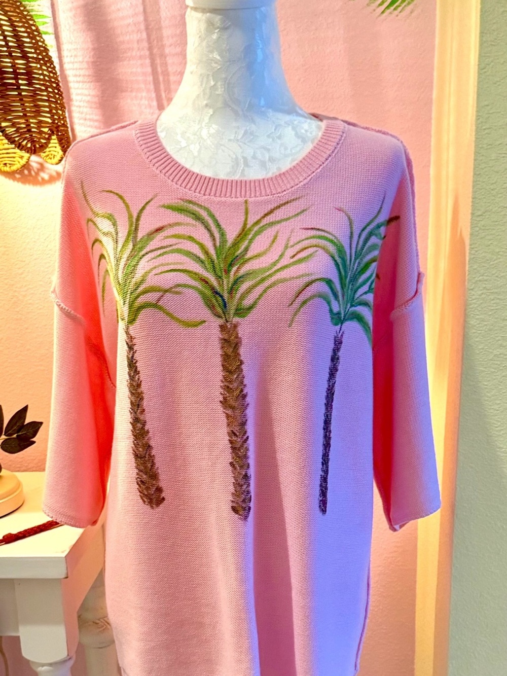 Pink Palm Tree Scoopneck Sweater - Relaxed Women's Knit